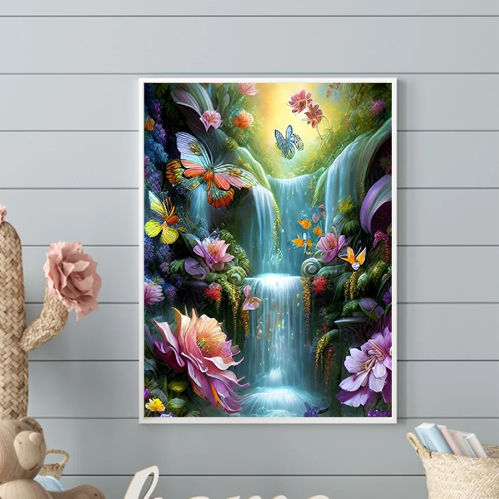 Diamond Painting - Full Round Drill - Flower Butterfly Waterfall(30*40cm)