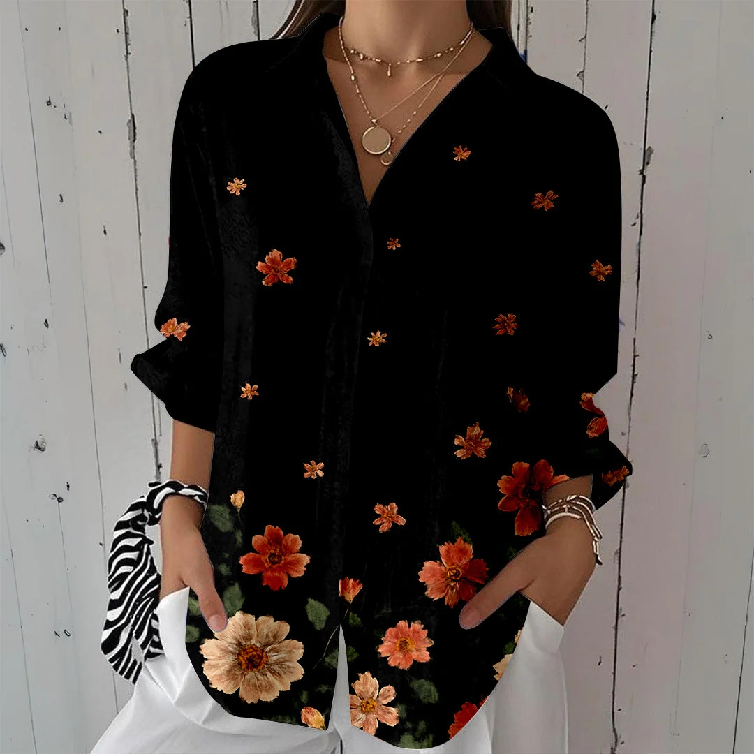 Style & Comfort for Mature Women Women Floral, Black DZCL0057 3/4 Sleeve Shirt Collar Printed Button Tops