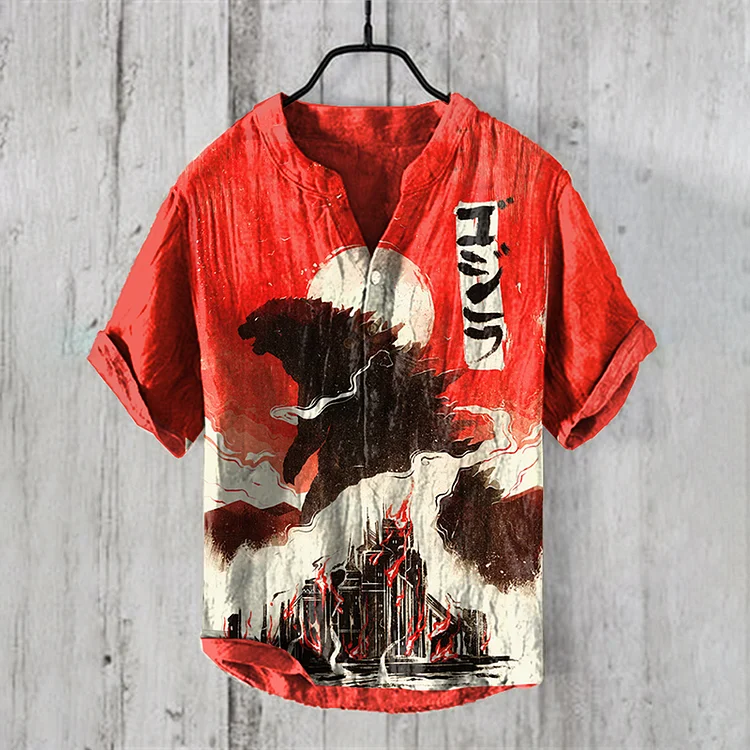 Vintage Godzilla Art Printing Linen Blend Shirt