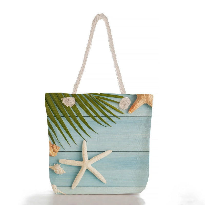 Women’s Medium Linen Starfish Beach Shell Beach Classic Style Square Zipper Tote Bag Beach Bag