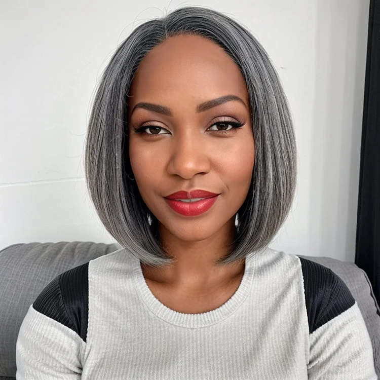 Trendy Color Salt & Pepper | Side Part Straight Bob Glueless 5x5 Closure Lace Wig