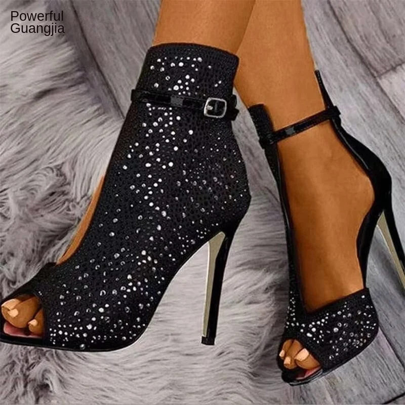 Qengg Summer New Rhinestone Large Size Black Sandals Women Fish Mouth Fashion Belt Buckle High-heeled Comfortable Women's Shoes
