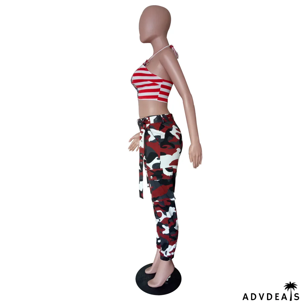 Spring High Waist Camou Cargo Pants with Belt