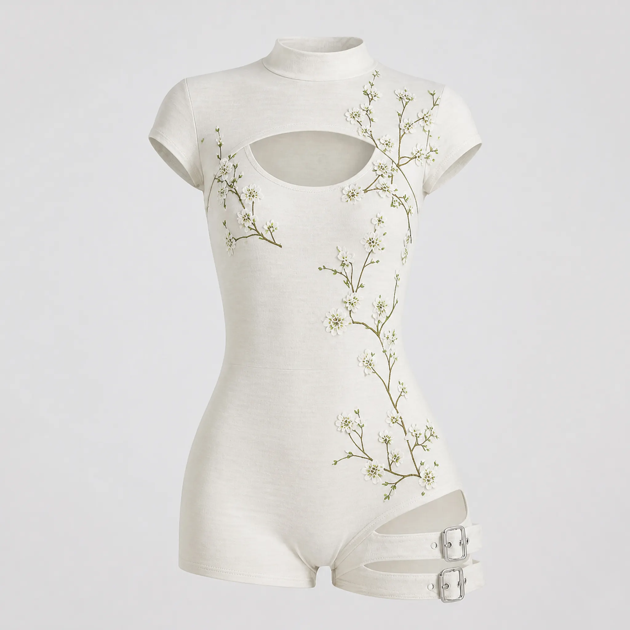 Comstylish Women's Japanese Art Floral Print Cotton Linen High-neck Short-sleeve Jumpsuit