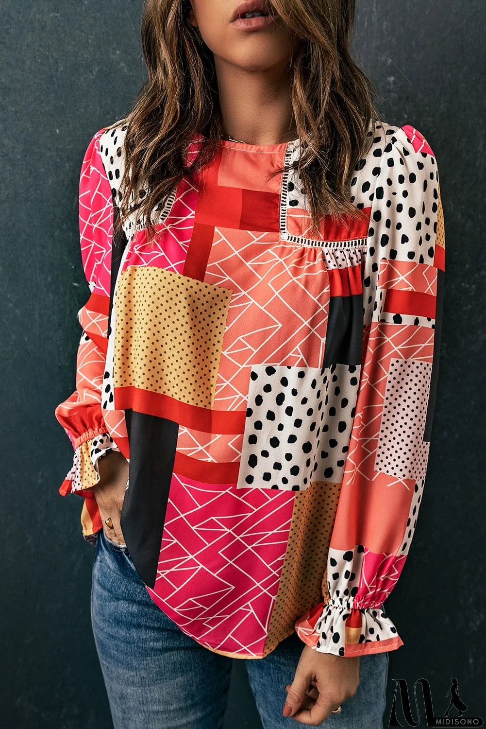 MidiSono - Multicolor Polka Dot Geometric Patchwork Long Sleeve Blouse