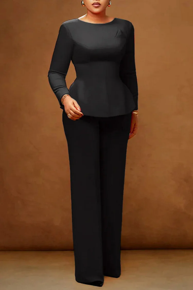 Plus Size Business Casual Red Round Neck Long Sleeve Button Elegant Two Piece Pant Sets [Pre-Order]
