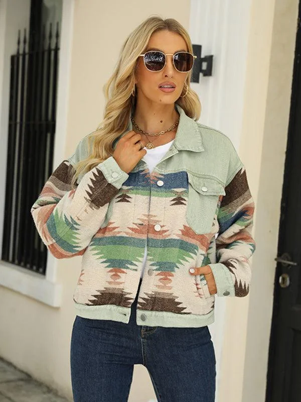 Women's Jacket Aztec Patttern Lapel Long Sleeve Oversize Geometric Loose Denim Jacket Shacket
