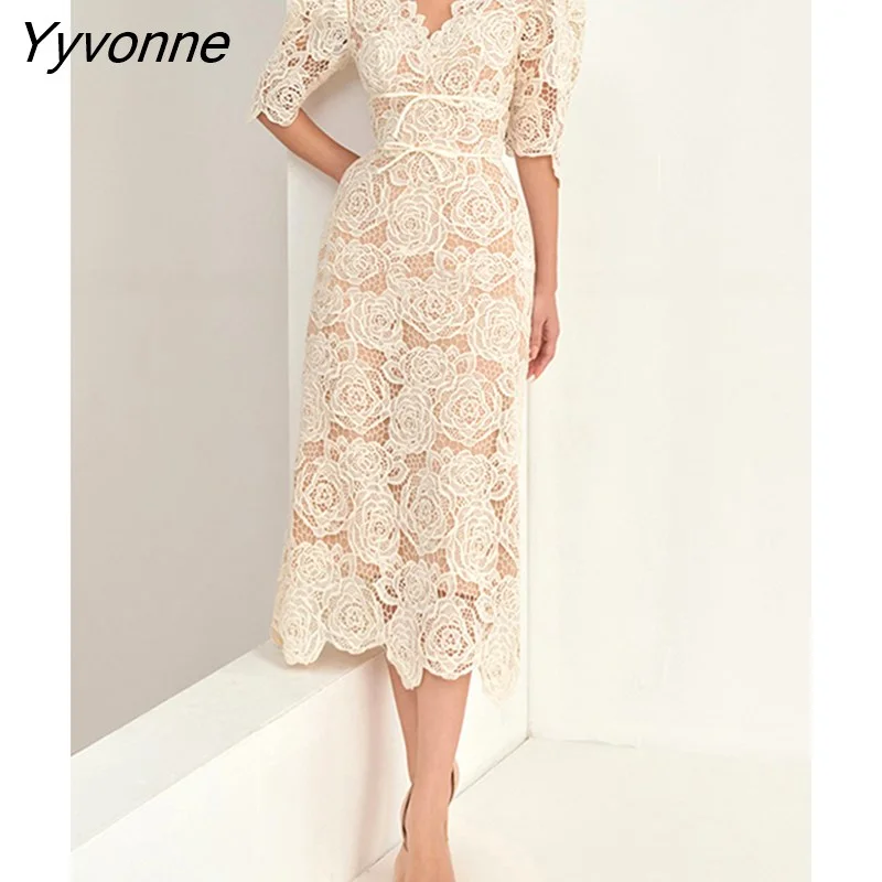 Yyvonne Spring Summer Short Sleeve Floral Lace Dress Women Elegant V-neck Slim Waist Ladies Package Hip Dress OL Vestidos