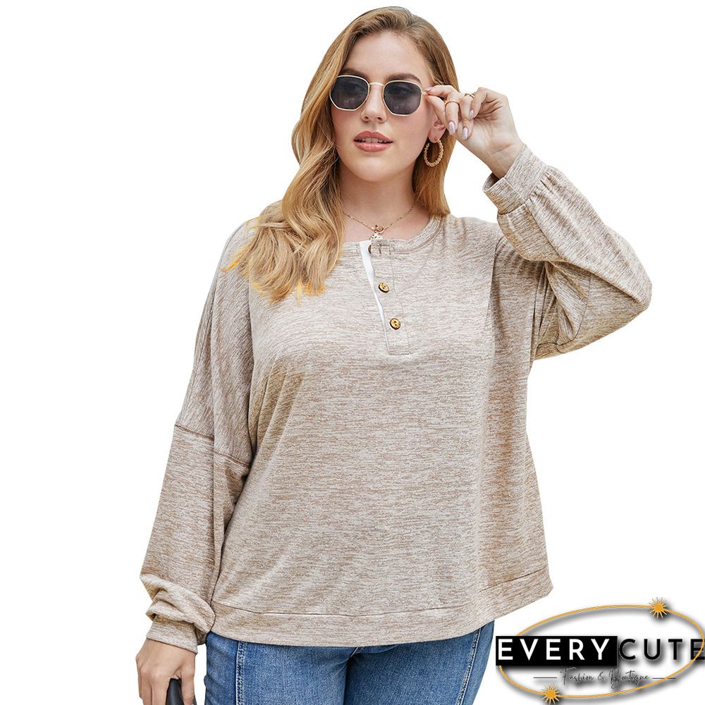 Khaki Button Neck Loose Style Plus Size Tops