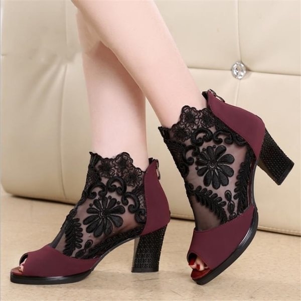 New Women Fashion Lace Mesh Peep Toe Sandals High Heels Shoes Mules Woman High Thick Chunky Heel Casual Ankle Boots Open Toes Black Booties Wedge Pumps Plus Size - Life is Beautiful for You - SheChoic