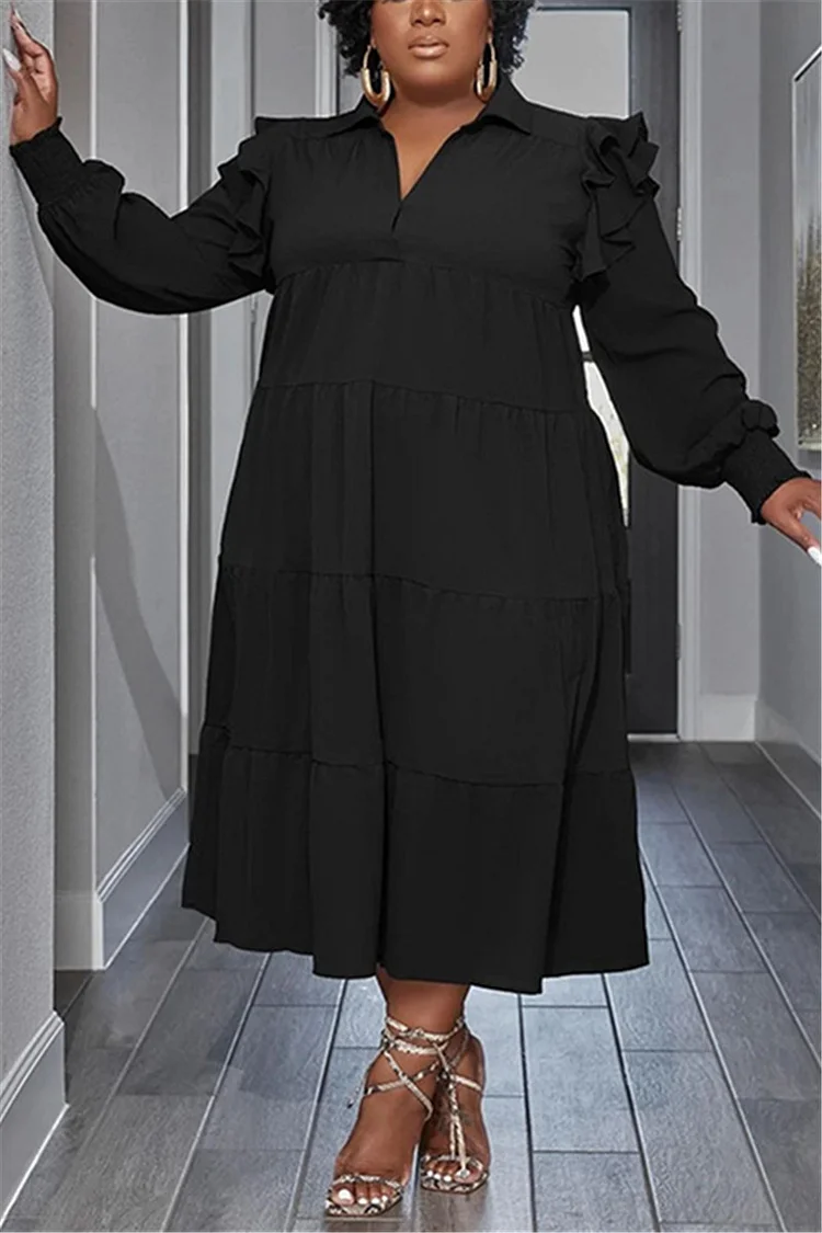 Plus Size Black Daily Ruffles Long Sleeve Midi Dress