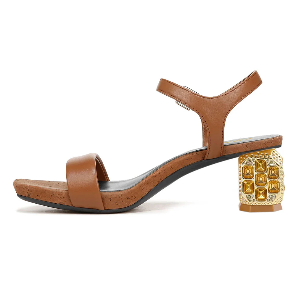 Brown Open-Toe Ankle Strap Rhinestone Sculptural Heel Summer Sandals
