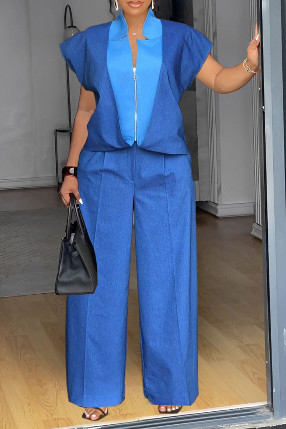 Plus Size Business Casual Blue Casual Short Sleeve Contrast Zipper Tencel Denim Two Piece Pant Sets [Pre-Order]