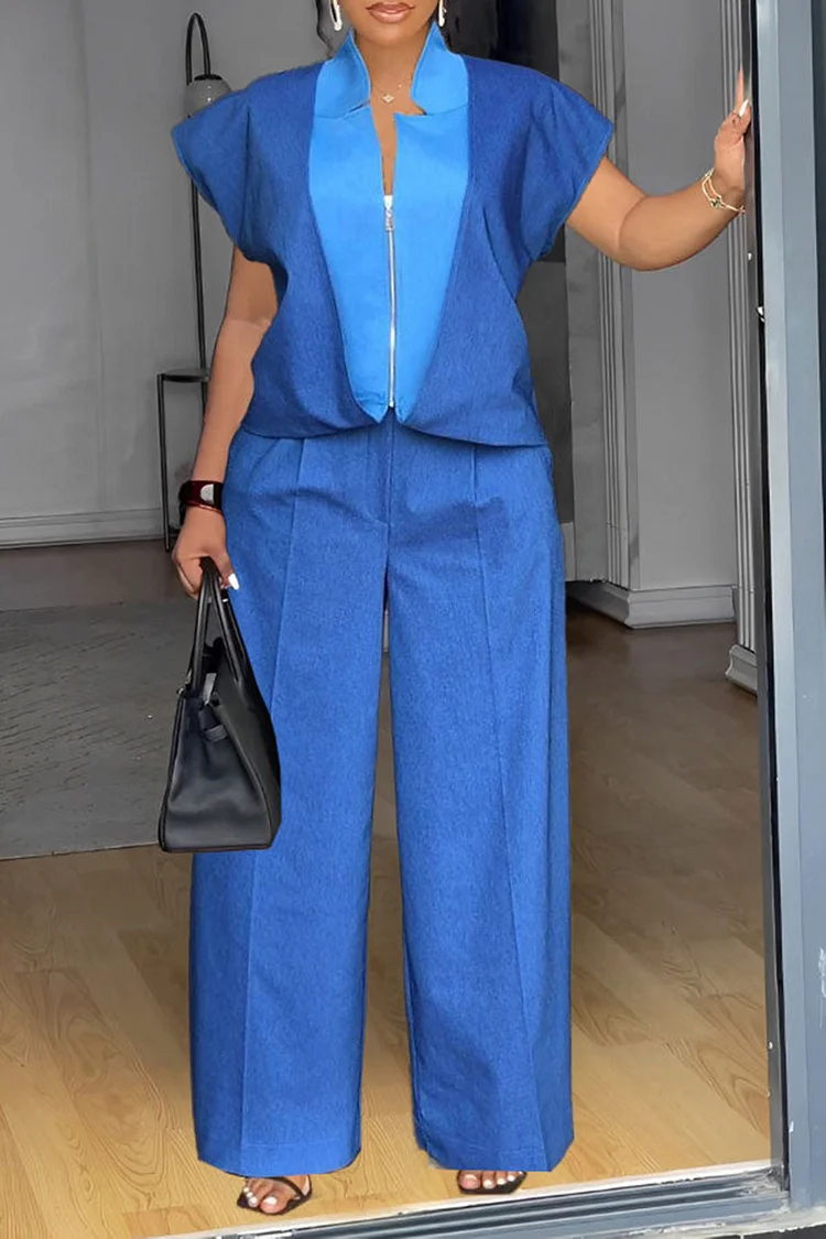 Plus Size Business Casual Blue Casual Short Sleeve Contrast Zipper Tencel Denim Two Piece Pant Sets [Pre-Order]