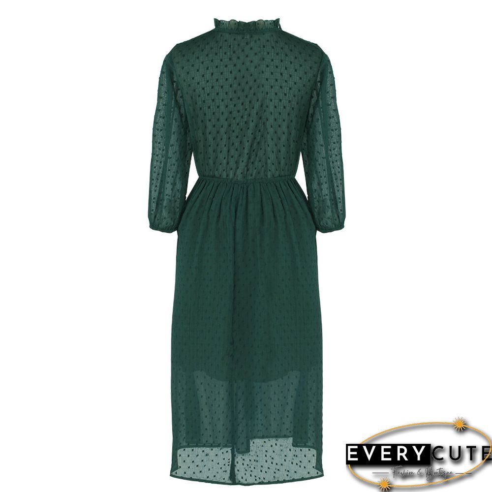 Green V Neck 3/4 Sleeve Slim Waist Chiffon Dress