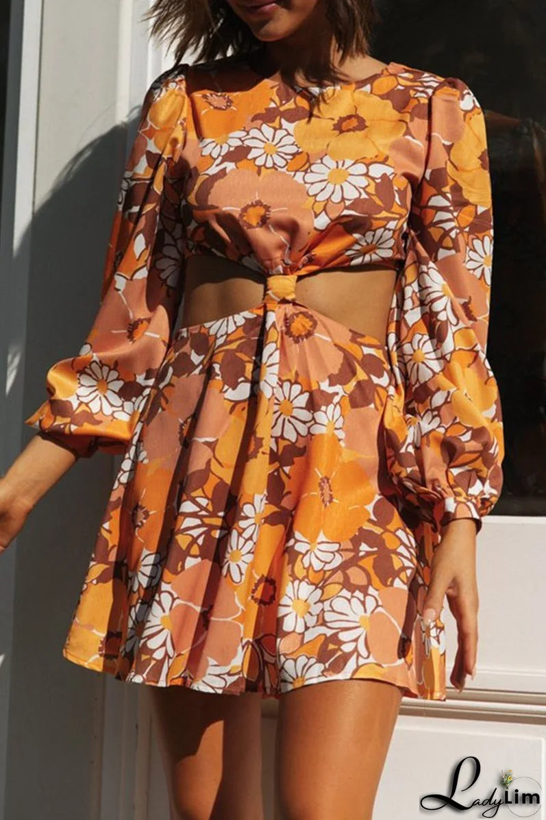 Sexy Floral Hollowed Out O Neck Printed Dress Dresses