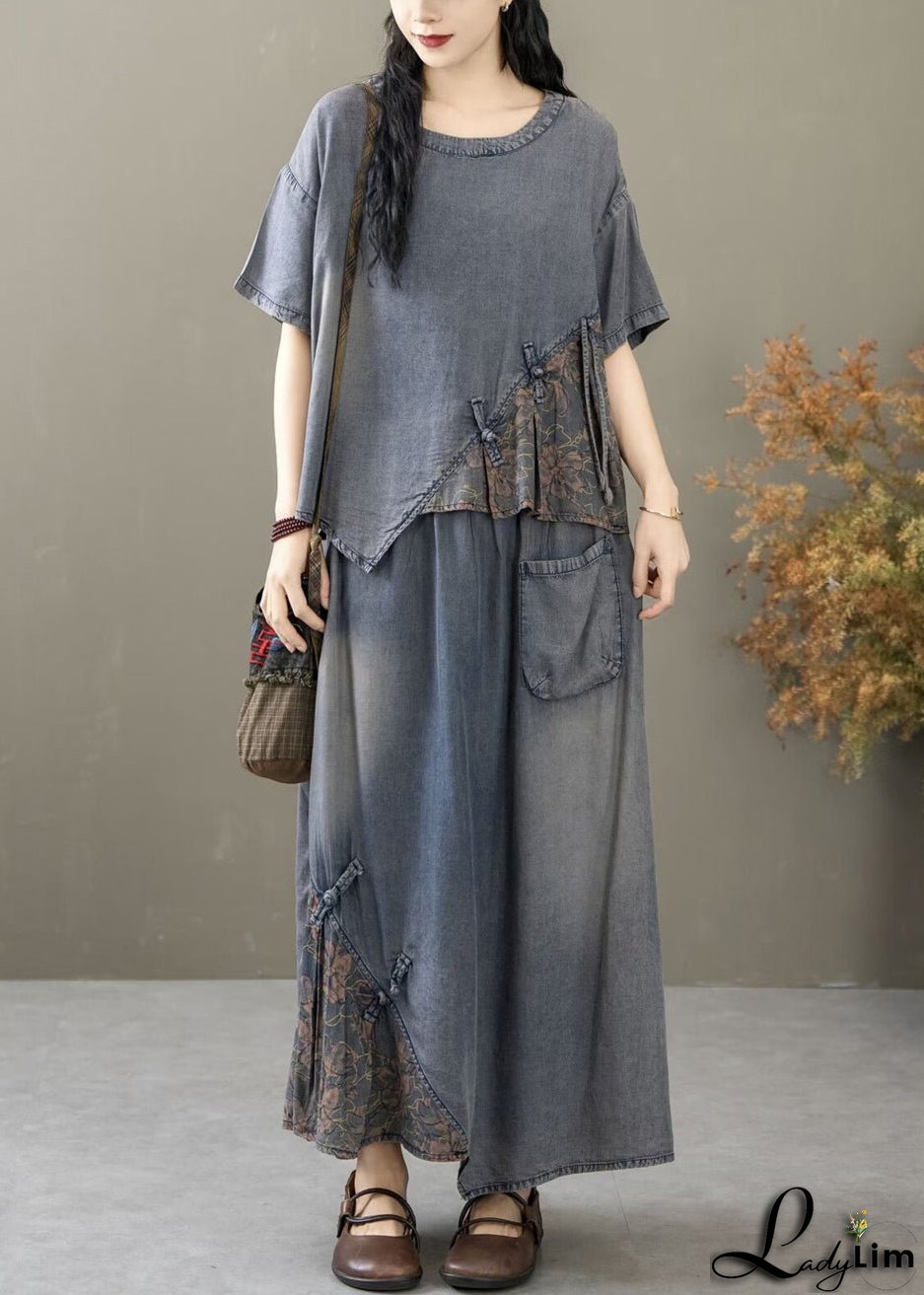 Chic Blue Print T Shirt And Skirts Two Piece Set Short Sleeve