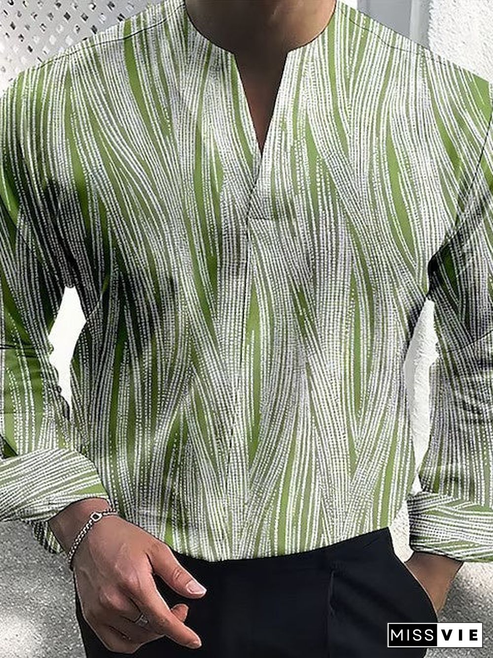 Men Long Sleeve V-neck Striped Printed Shirts