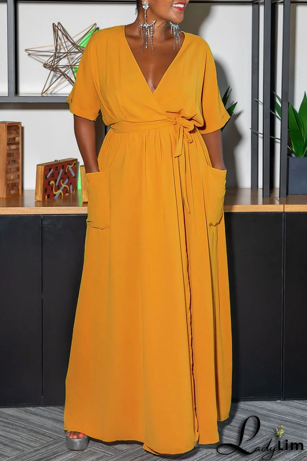 Yellow Casual Solid Split Joint V Neck Straight Dresses