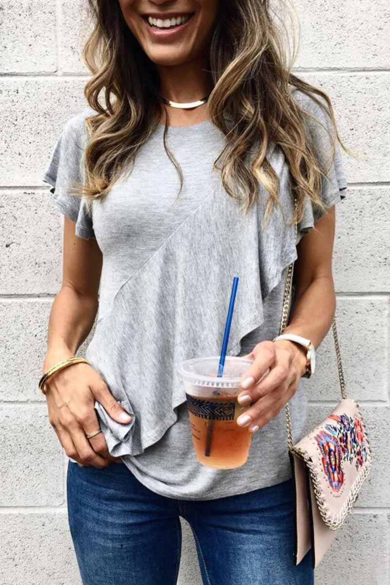 Abebey Solid Color Loose Ruffled Casual T-shirt