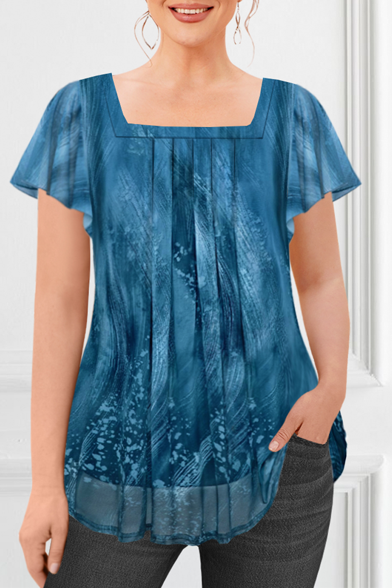 Flycurvy Plus Size Dressy Blue Sheer Square Neck Layered Fold Ruffle Sleeve Ocean Print Blouse 2024 - Flycurvy 