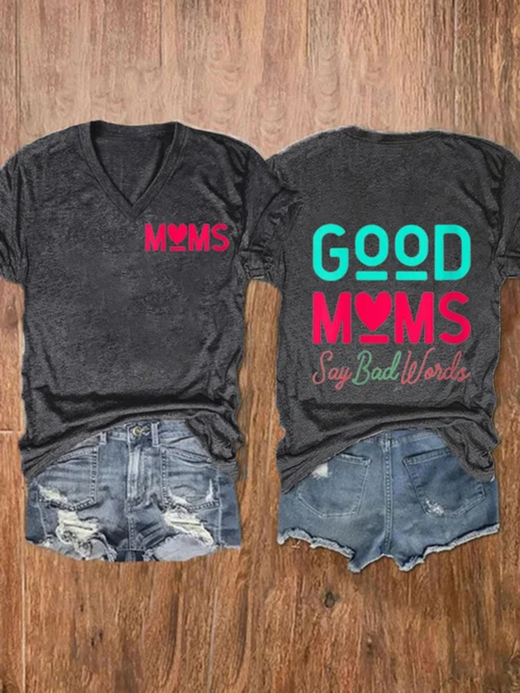 Women's Good Moms Say Bad Words Print V-Neck Casual T-Shirt