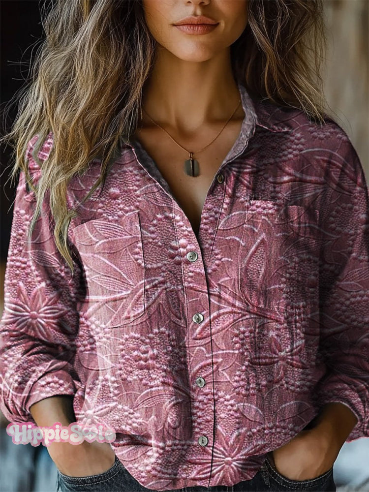 3D Floral Pattern Printed Women’s Casual Long Sleeve Comfortable Cotton Shirt Pink / S