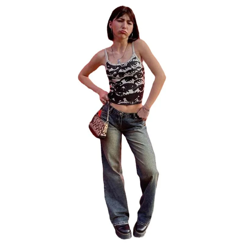 Churchf Churchf Abstract Eye Print Patchwork Color Sling Small Vest Hot Girl Slim Short Vacation Top