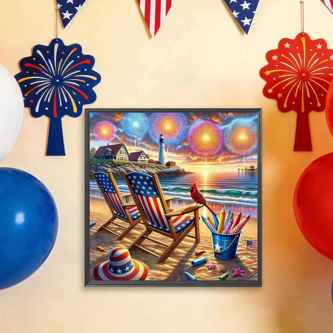Patriotic Beach Sunset Full DIY 5D Square Drill Diamond Painting Gem Art for Adults/Beginners Gift Idea Home Wall Decor Diamond Dots Paintings Picture Arts Craft 13.78x13.78In