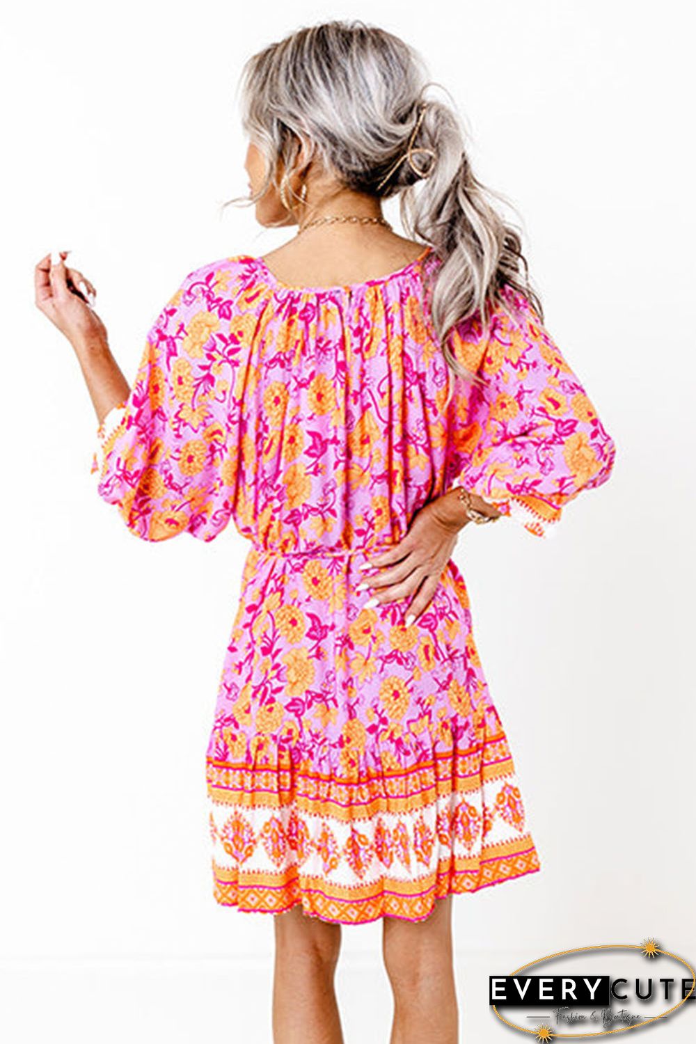 Red 3/4 Sleeve Boho Floral Belted Mini Dress