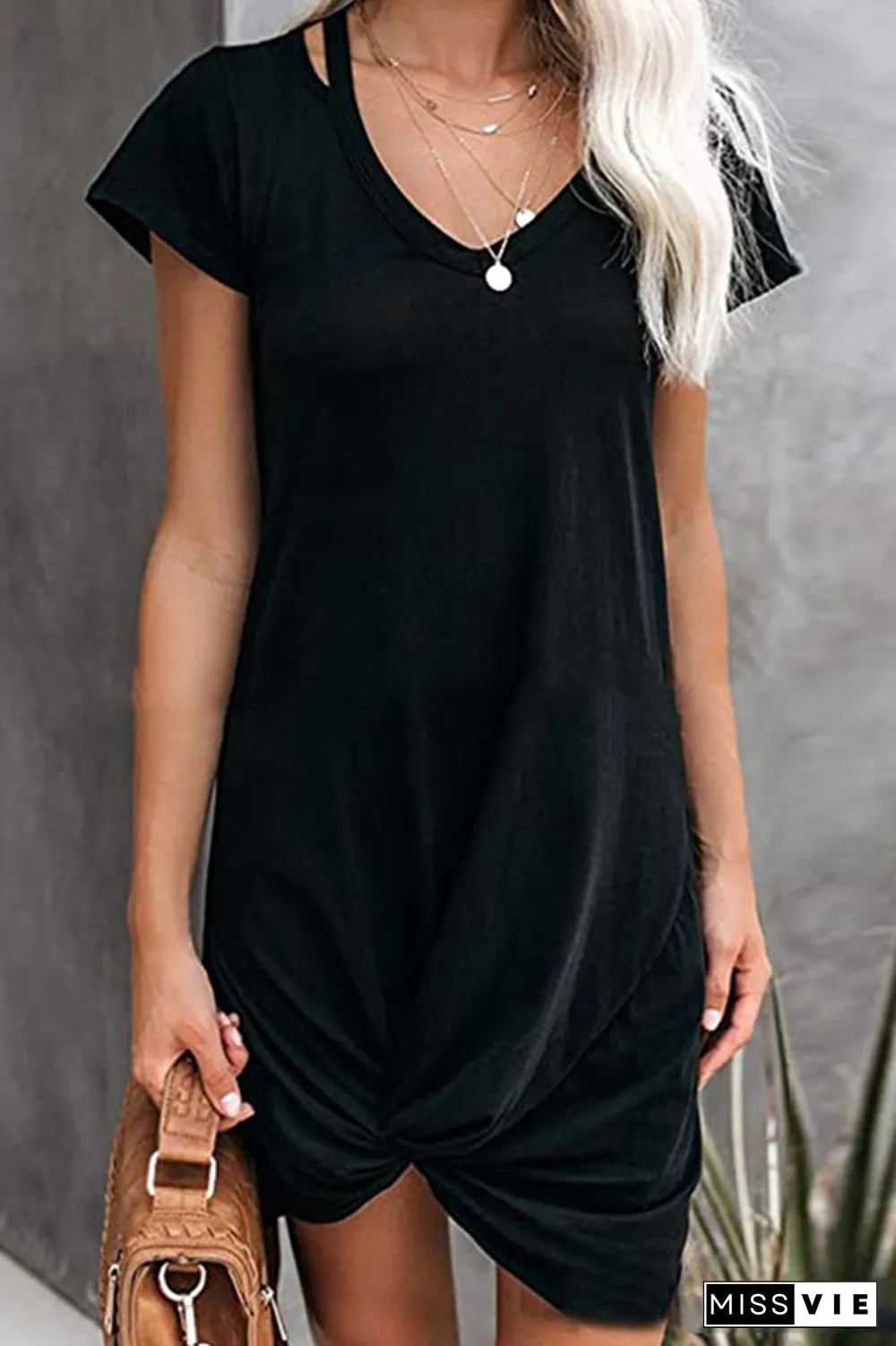Casual Solid Fold V Neck A Line Mini Dresses(4 Colors)