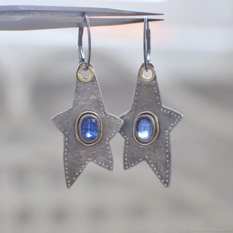 Vintage Irregular Pentagram Silver Color Engraving Pattern Earring Personality Inlaid Blue Crystal Pendant Women Bridal Earrings