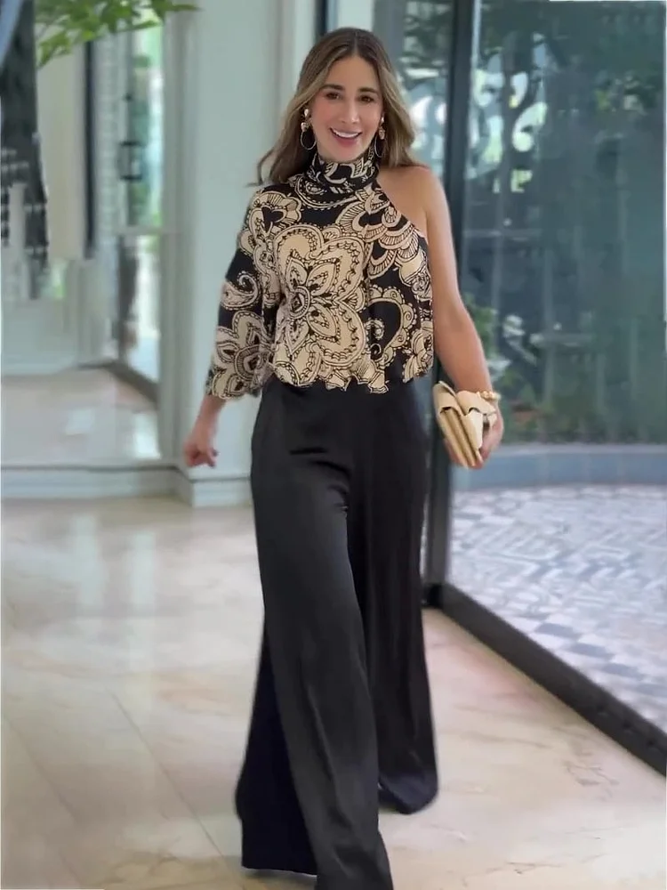 One Sleeve Printed Top Wide Leg Set
