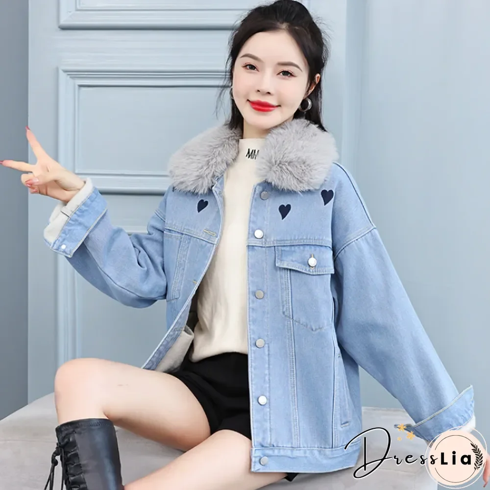 Heart Print Denim Jacket Women Winter Fashion Fur Collar Jeans Jacket Students Casual Thick Oversized Coat Outwear