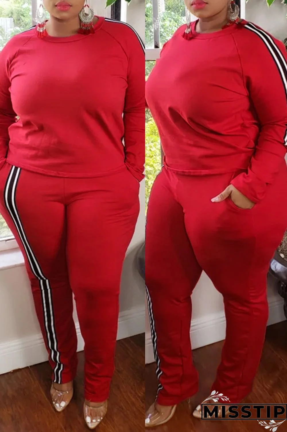 Blue Fashion Casual Striped Patchwork O Neck Plus Size Two Pieces