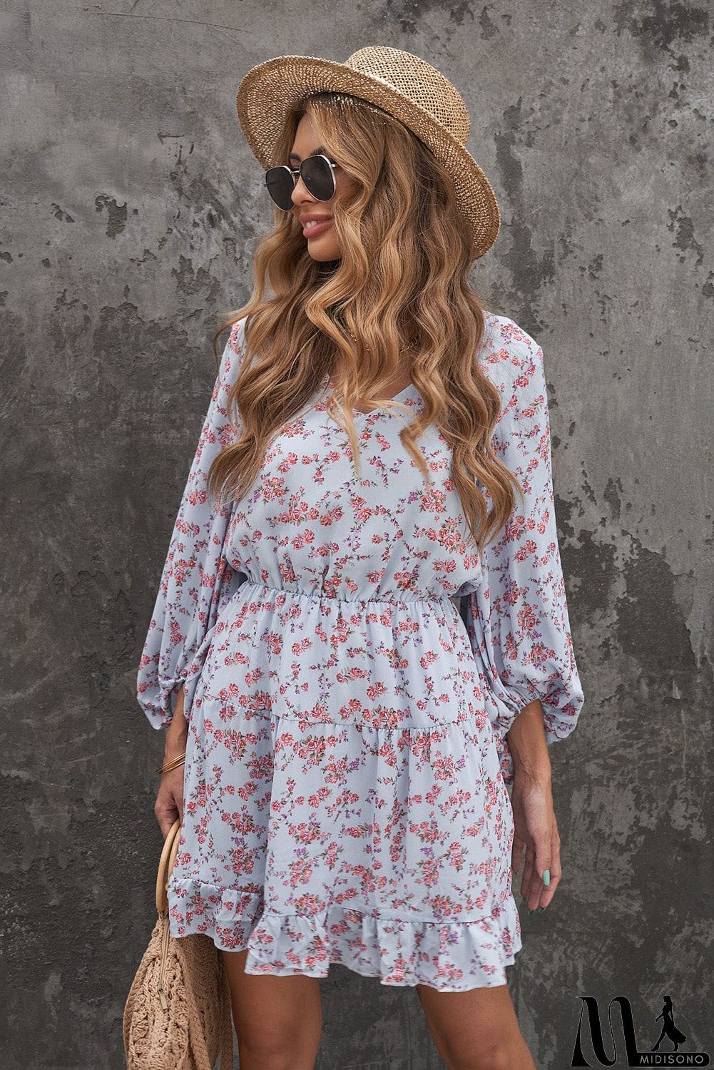 MidiSono - V Neck Lantern Sleeves Floral Tunic Dress