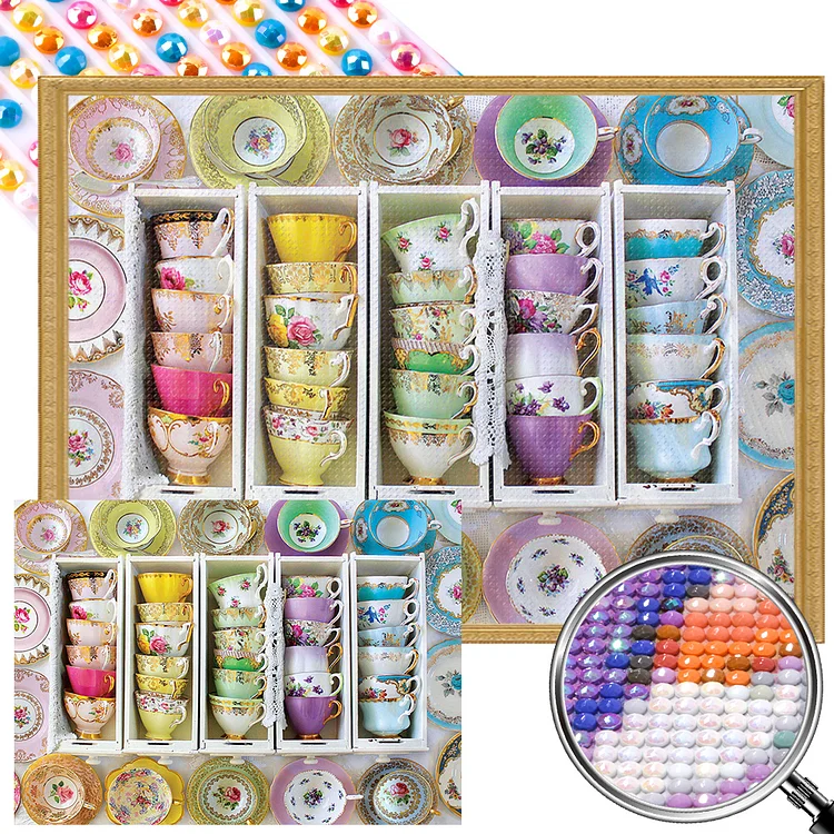 Partial AB Drill - Full Round Diamond Painting - Colorful Tea Cups 55*40CM