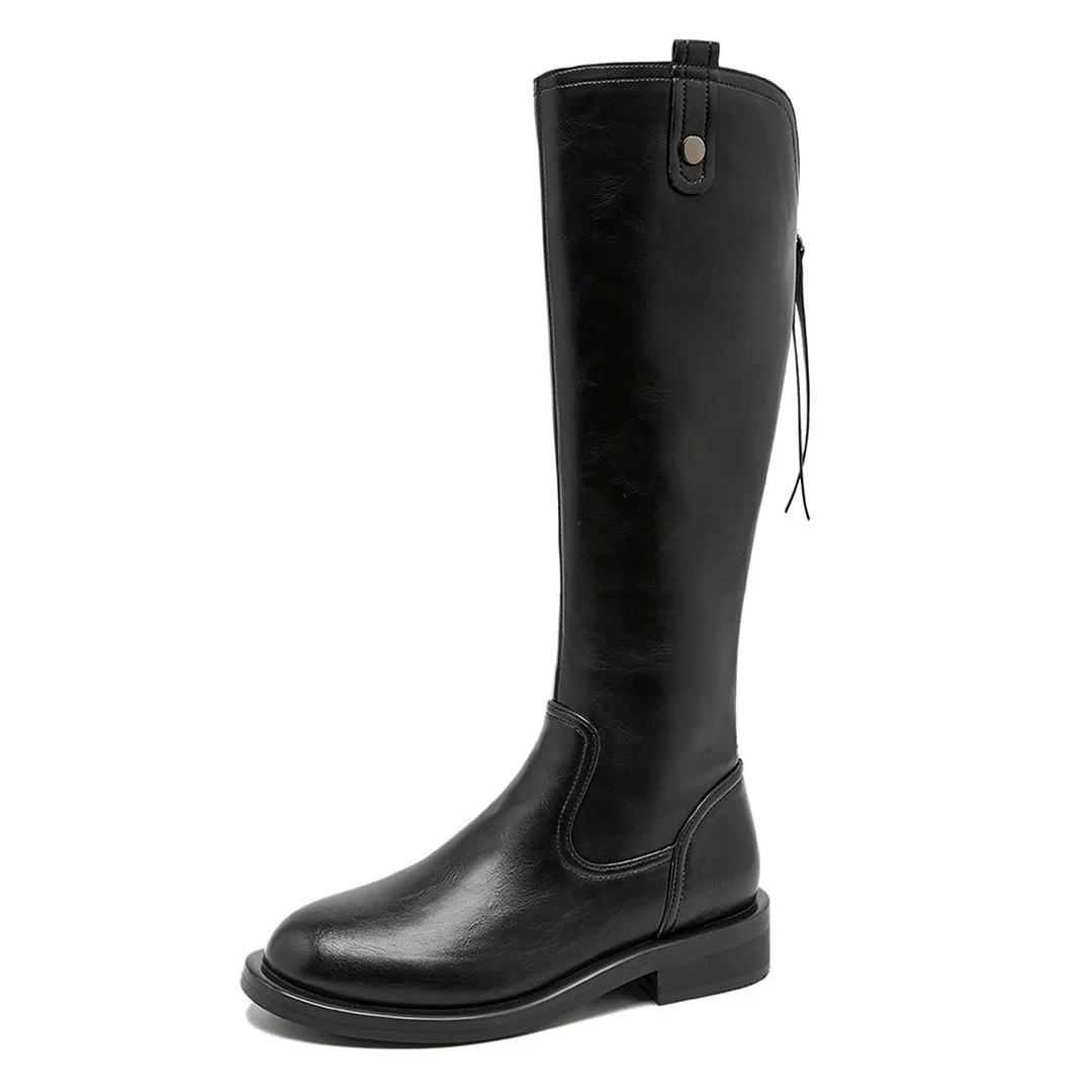 Classic Black Round Toe Zipper Knee High Flat Riding Boots for Women