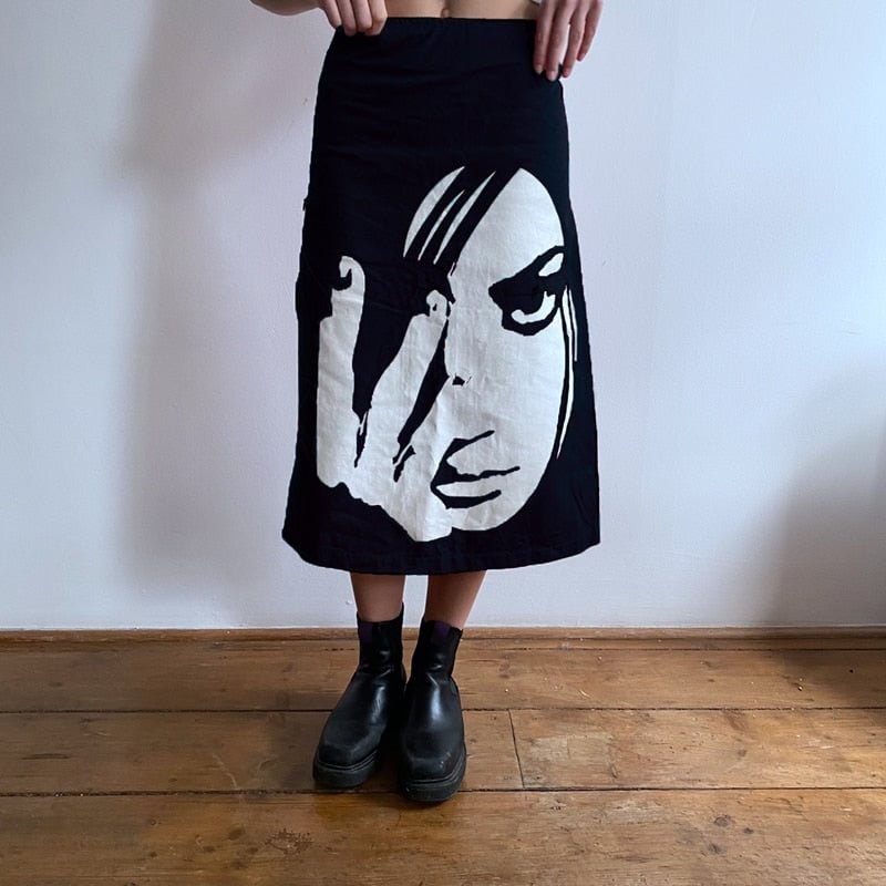 Y2K Gothic Face Portrait Print Midi Skirt E-girl Vintage High Waist Double Layers Mesh Straight Skirt Women Punk Streetwear