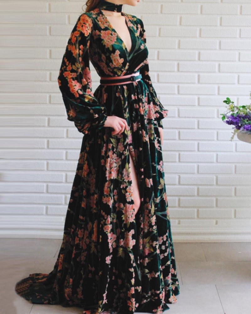 evening gown velvet print slit maxi dress
