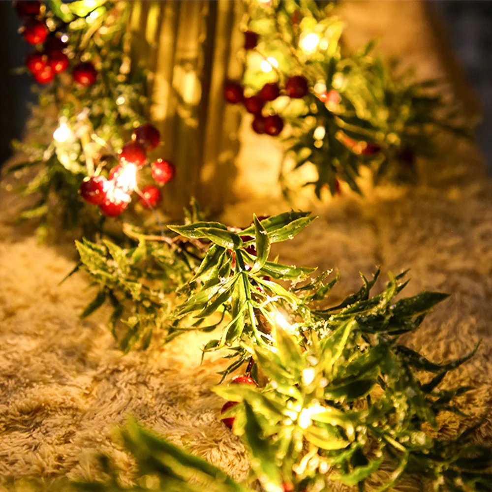 New led Christmas red fruit string lights pine needles decoration decorative festive lights