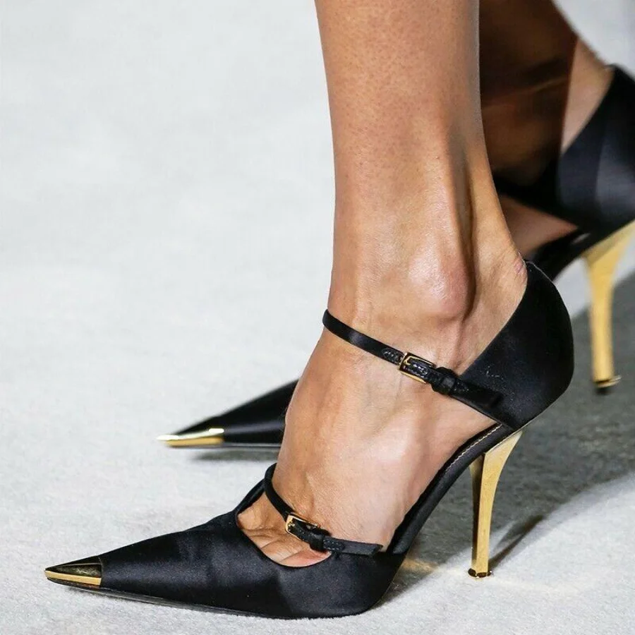 Black Golden Pointed Toe Satin Pumps Decoartive Heels with Buckles Nicepairs