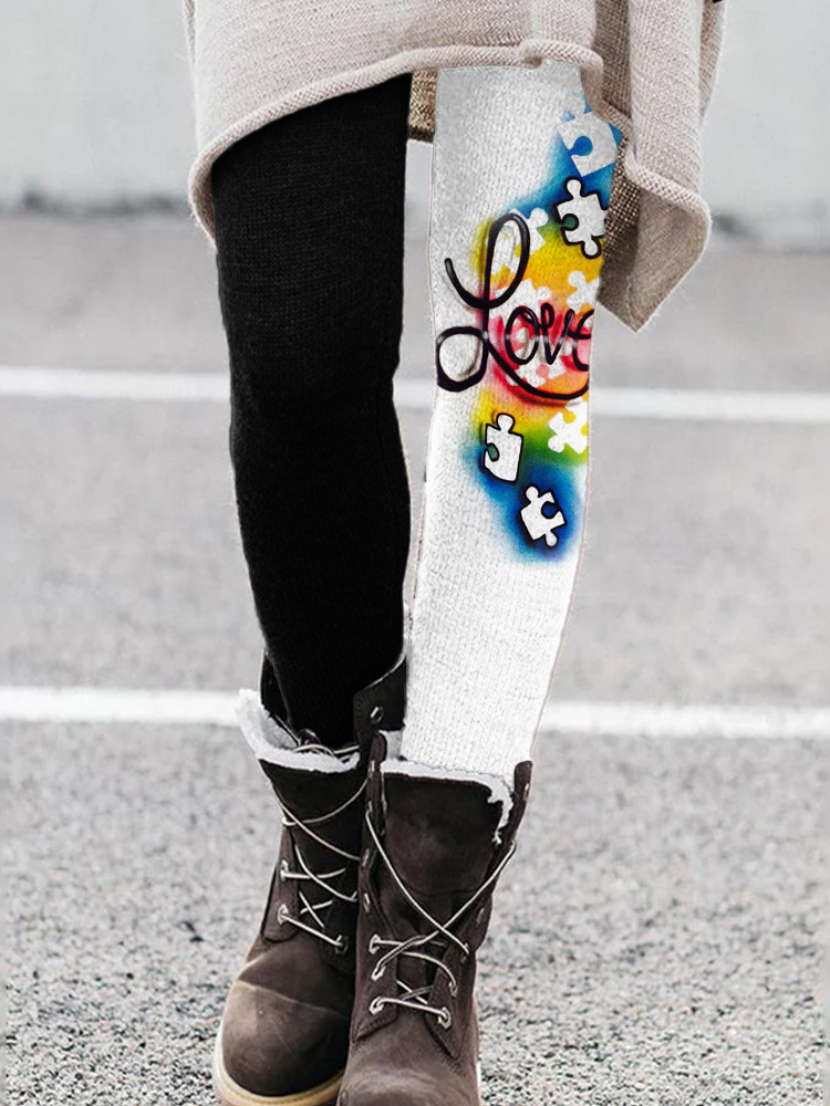 Autism Love And Puzzle Contrast Casual Leggings wearshes