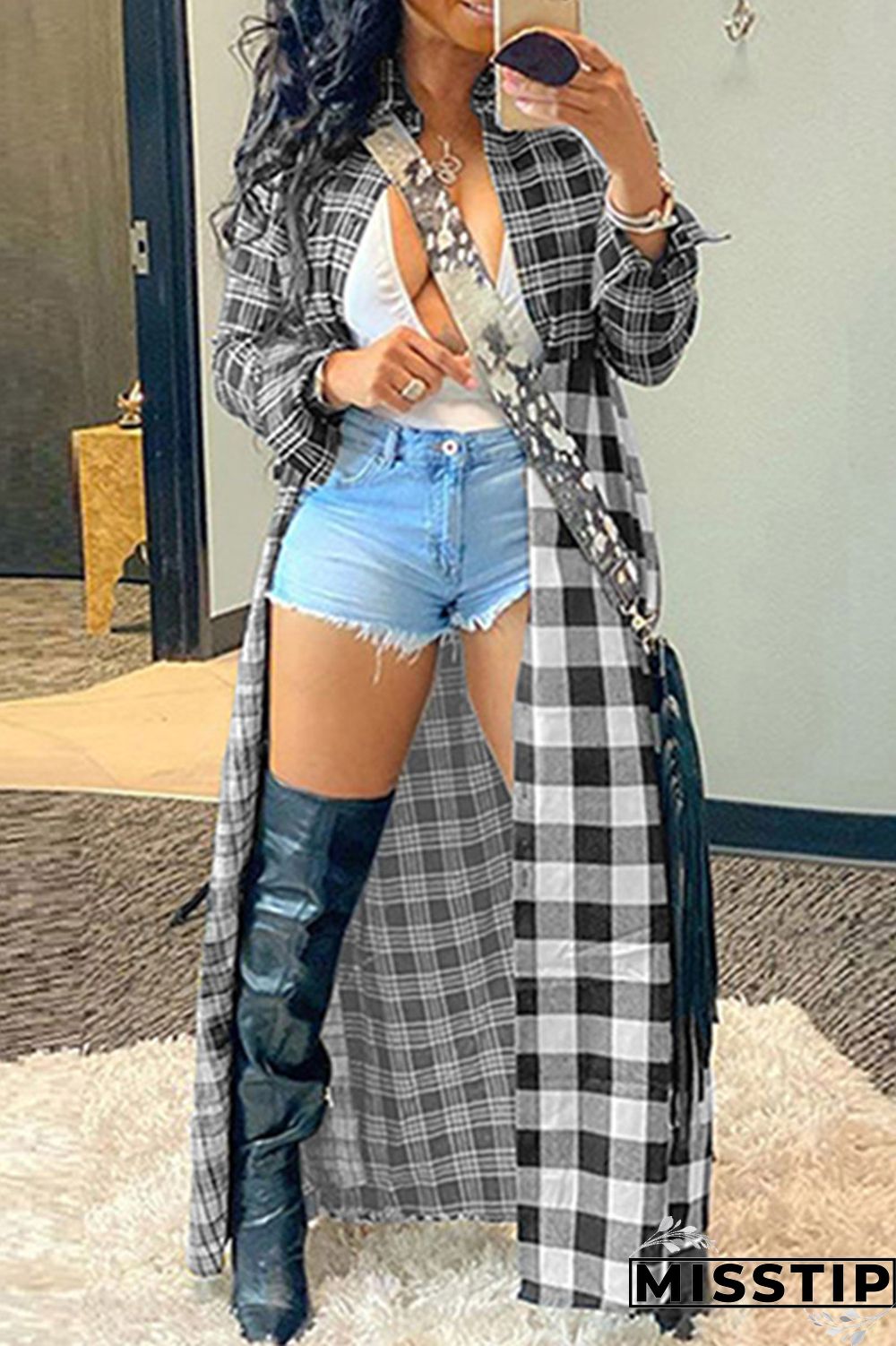 Black Gray Casual Plaid Print Cardigan Turndown Collar Outerwear