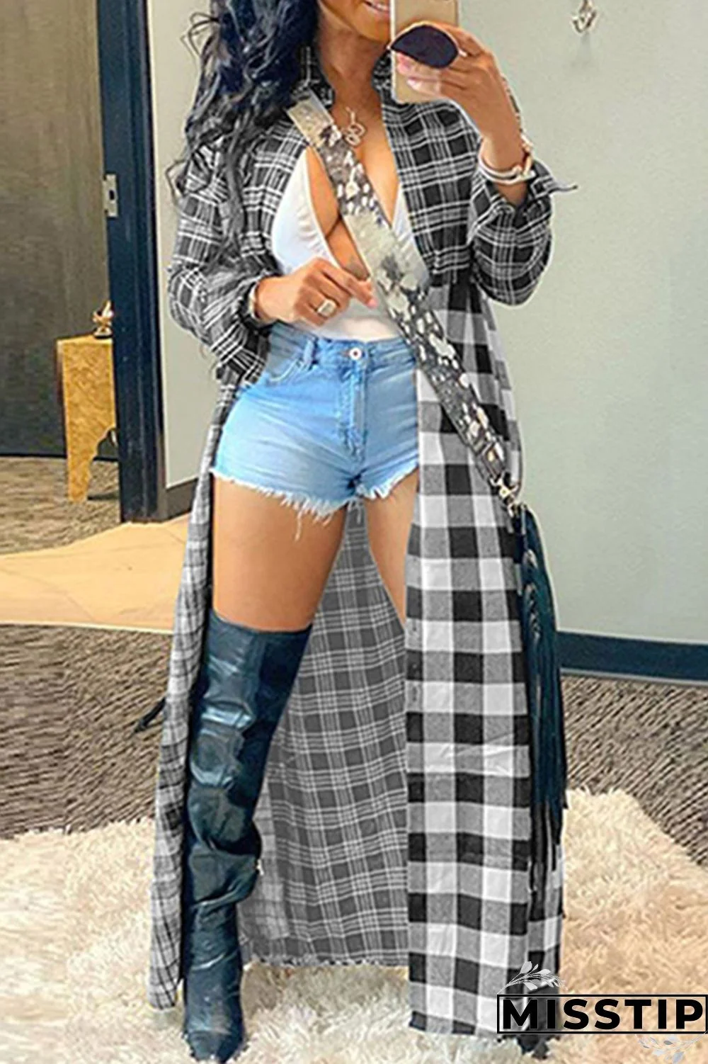 Black Gray Casual Plaid Print Cardigan Turndown Collar Outerwear