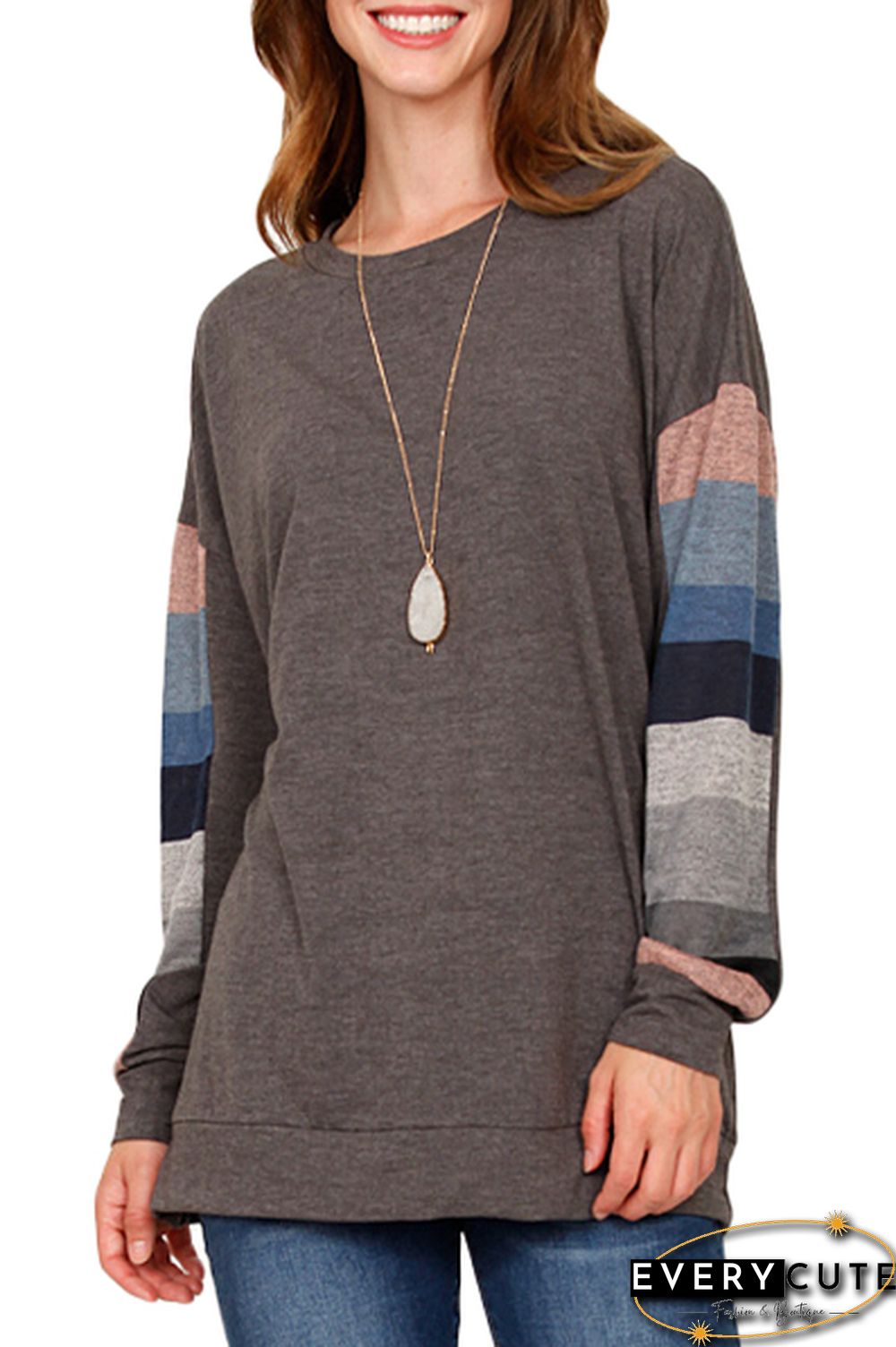 Multicolor Striped Contrast Sleeve Brown Sweatshirt