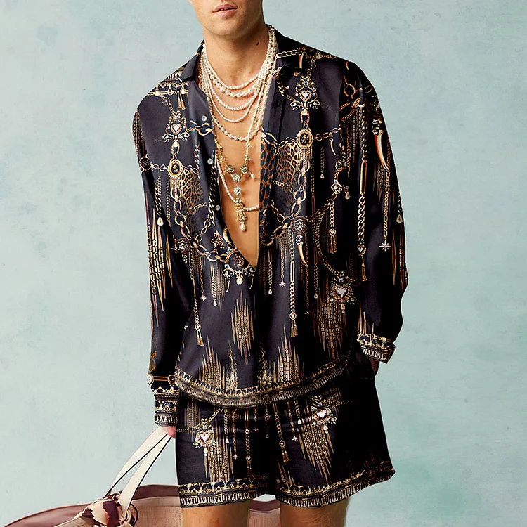 BrosWear Black Gold Holiday Baroque Shirt And Shorts Co-Ord
