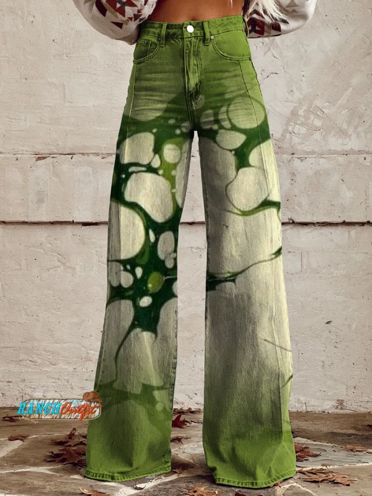 Women’s Retro Green Gradient Water Pattern Print Casual Wide Leg Pants Multicolor / S