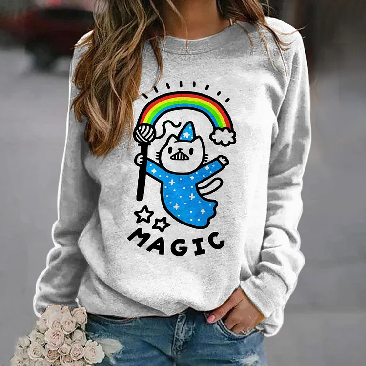 Vefave Round Neck Rainbow Magic Cat Sweatshirt