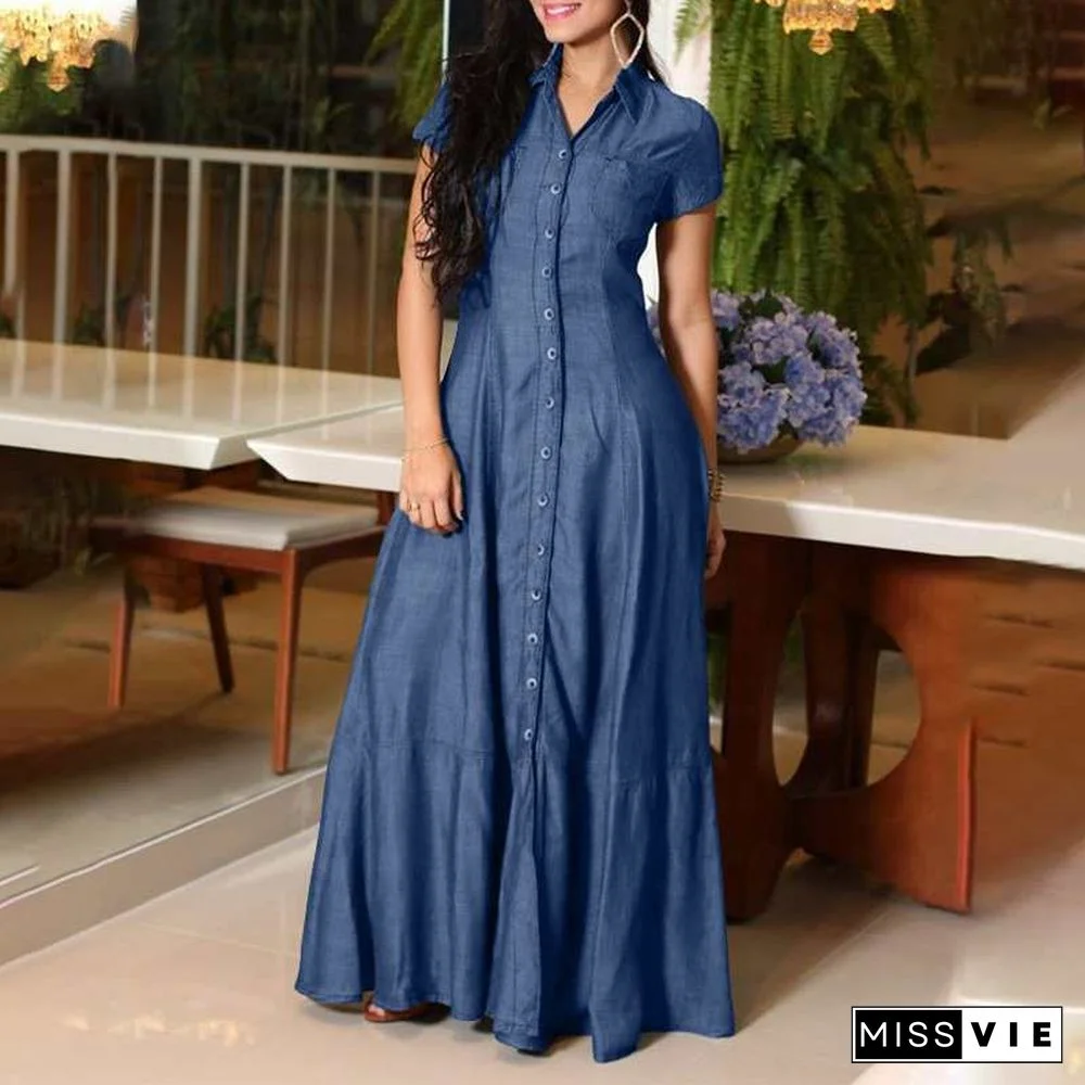 Style Slim Fit Navy O Neck Patchwork Long Denim Dress Summer